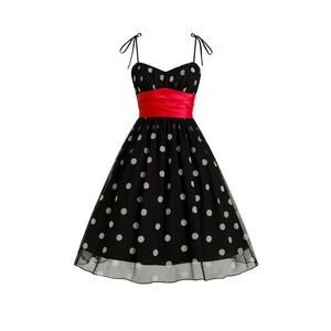 City Triangles Dress Black White Polka Dot Red Sash Party Cocktail